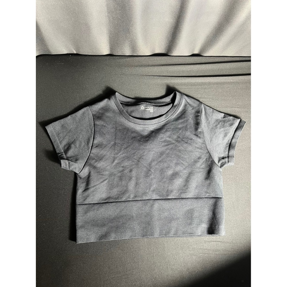 OFFLINE by Aerie Black Cropped Ribbed Activewear Top Short Sleeve M